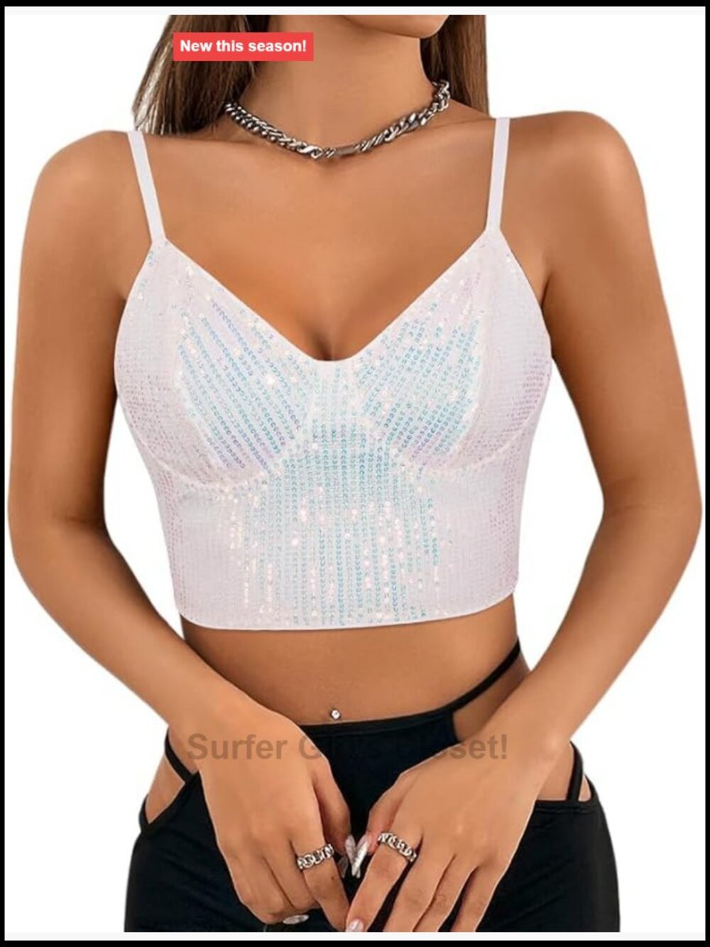 Women's Spaghetti Strap Sequined Crop Top V-Neck Sleeveless Rave Festival